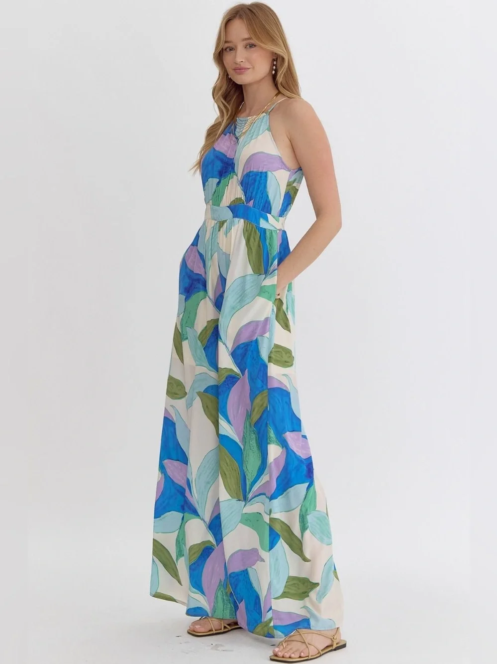 Entro | Paloma Abstract Tropical Vacation Vibes Blue Purple Jumpsuit New Medium